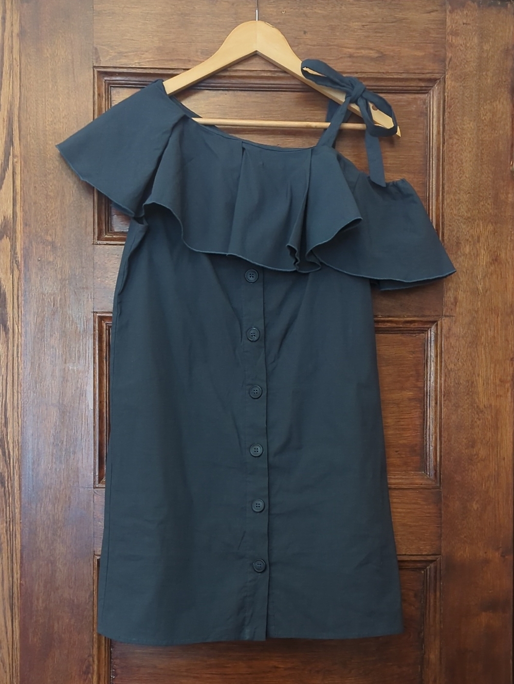 Sea New York Black One-Shoulder Ruffle Button Front Mini Dress Size S | Navy